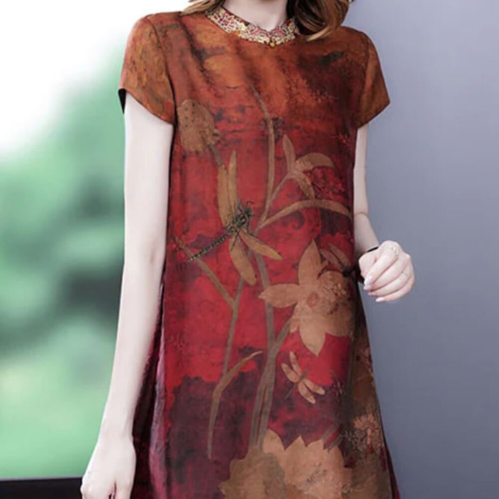 Red French Silk Dress With An Embroidered Collar of Gold Thread